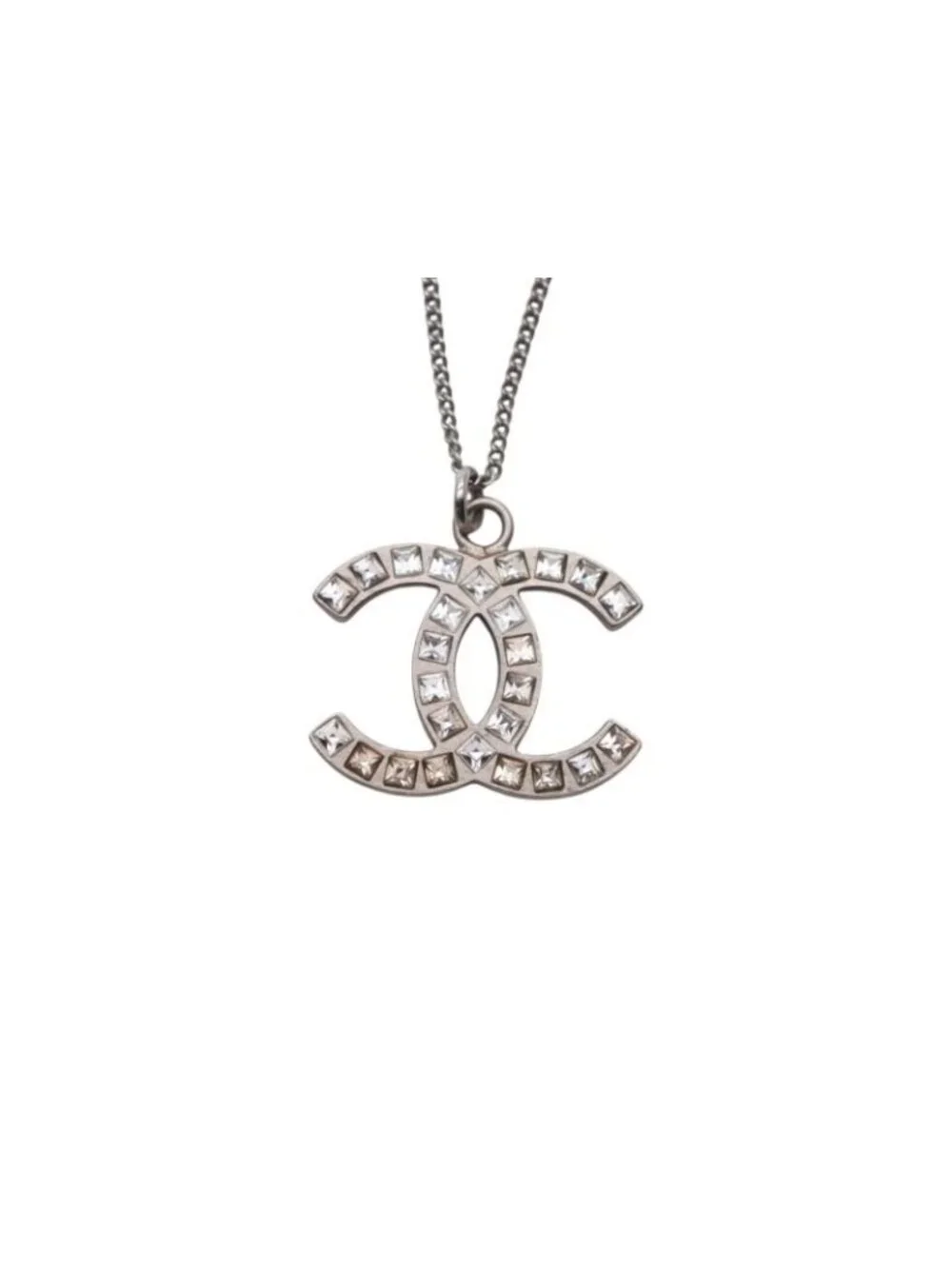 Chanel CC Logo Square Rhinestone Necklace 48 Silver Metal